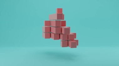 Soluk mavi arkaplandaki kahverengi küplerin 3D görüntüsü. Geometrik nesnelerin soyut bileşimi, tuğlalar. Serbest yapı. Bir piksel bulutu. NFT resmi.