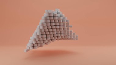 Yumuşak pembe arka planda bir dizi beyaz küpün 3 boyutlu yansıması. Geometrik nesnelerin soyut bileşimi, tuğlalar. Serbest yapı.