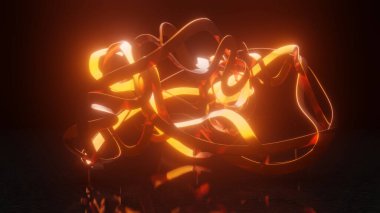 3D görüntüleme. Siyah bir zemin üzerinde düğümlenmiş parlayan neon ipliklerden oluşan bir çokluğun soyut 3D çizimi. Soyut 3d masaüstü resmi.