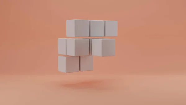 柔らかいピンクの背景に白い立方体の配列の3Dレンダリング 一連の幾何学的な物体 レンガの抽象的な構成 フリー構造 — ストック写真