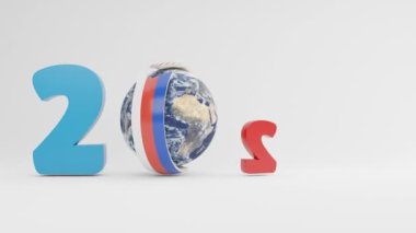 3D canlandırma, Dünya gezegeninin animasyonu Rusya ve Amerika 'nın bayraklarıyla çevrili oklar. Yeni yıl tarihi 2024. Yüzleşme fikri, ekonomik savaş ve silahlanma yarışı..
