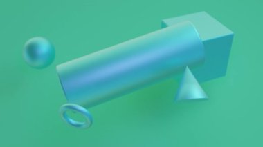 Soyut geometrik arkaplanın 3 boyutlu animasyonu, hareket halindeki bir dizi geometrik şekil: silindir, küre, koni, torus ve küp. Soyut canlandırılmış 3d arkaplan