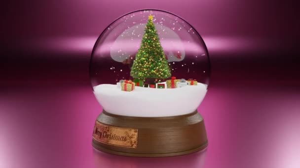 圣诞循环3D动画水晶雪球和圣诞树与礼物 雪花飘落在球体上 一个标牌上写着 圣诞快乐 — 图库视频影像