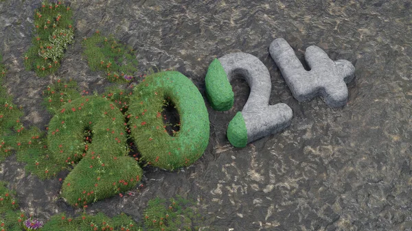 3d rendering of the stone surface and the date of the new year 2024. The stone date is partially overgrown with grass.  New Year 2024, the year of environmental protection and environmental movement.