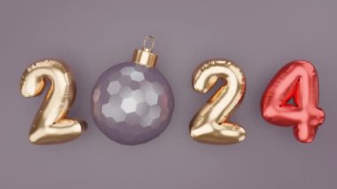 2024 yılının yılbaşı tarihinin 3 boyutlu animasyonu şişirilmiş ve sönmüş balonlardan. Bir Noel oyuncağı, bir Noel ağacı için bir top dönüyor.