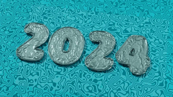 3d rendering of the date of the new year 2024. The figures are made of thin film, silver and wavy texture. Date on a blue background.