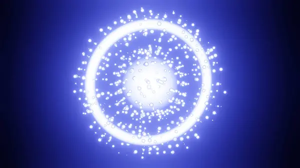 3d rendering of a sphere and a glowing ring with particles. Abstract illustration of a blue glowing object, a cosmic body, a multitude of elementary particles.