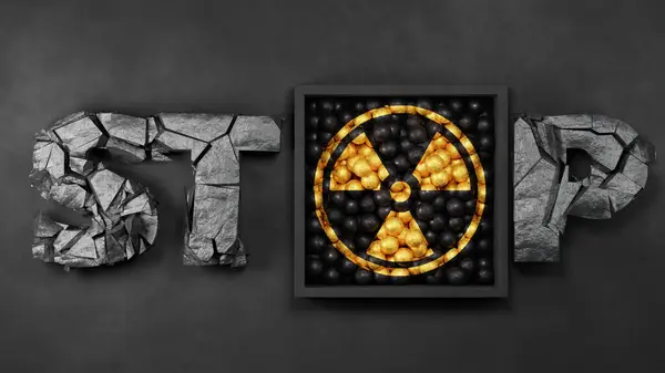 3d rendering of the text STOP THE WAR. Text from old destroyed stone blocks. On the array of black balls is a golden symbol of the radiation sign. The threat of nuclear war.