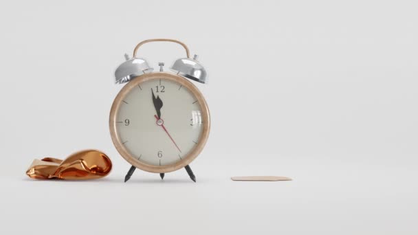 3Dアニメーション 新年の日付 2024 機械的な時計 鐘とハンマーが付いている警報時計 休日の到着 — ストック動画