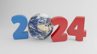 2024 yılının ve Dünya gezegeninin 3D döngü animasyonu. Yeni keşifler fikri, 2024 'te seyahat. Yeni yılda yeni fırsatlar ve izlenimler.