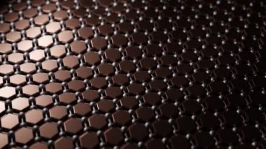 Soyut 3D animasyon, altıgen hücrelerin moleküler arkaplanı ve metal altıgen plakalar. Mikroskop altında nanoteknoloji. Bilimsel çizimler için animasyon.