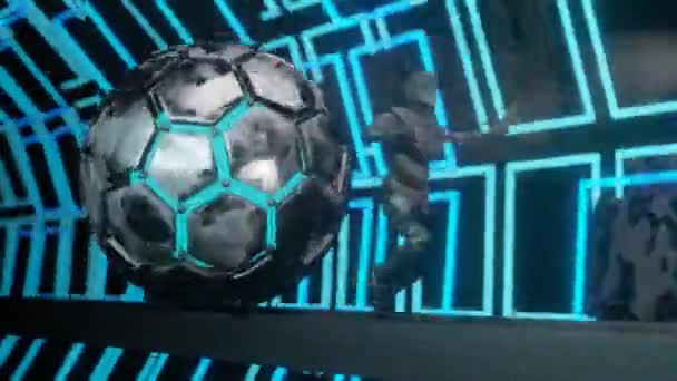 Loop Techno Animation Гуманоидный Робот Убегает Вращающегося Металлического Шара Сфера — стоковое видео