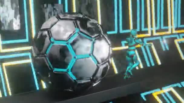 Цикл Техно Анімації Гуманоїдний Робот Тікає Від Металевої Кульки Обертається — стокове відео
