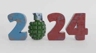 2024 yılının 3 boyutlu animasyonu ve el bombaları, limonlar. El bombasında pas izleri var ve sayıları da paslı, soyuluyor. 2024 yılındaki savaş tehdidi fikri.