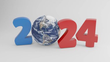 2024 yılının ve Dünya gezegeninin tarihi. 3d oluşturma.