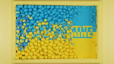 3D görüntüleme. Ukrayna bayrağı. Ukrayna sembolü olan bir sürü balon ve Ukrayna 'daki savaşı durdurma çağrısı.. 