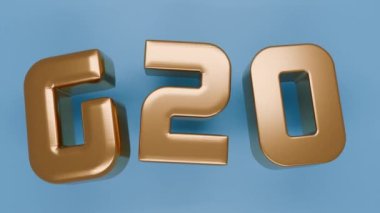 G20 ülkelerinin ekonomik ve siyasi birleşmesinin sembolünün 3d döngüsü. Şişme balonlardan yapılmış altın harfler. Şişir ve alçal..