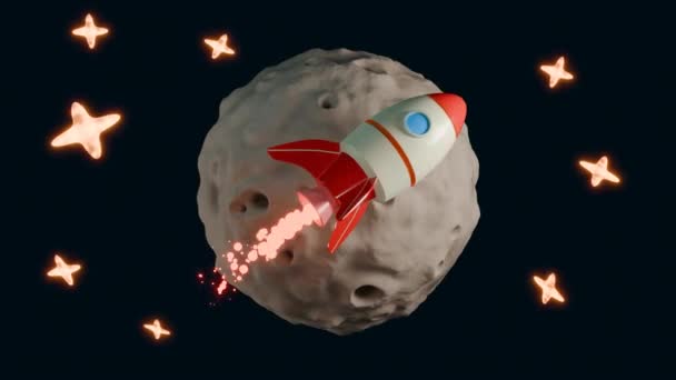 循环3D动画在儿童的风格 火箭在小行星 月球或卫星周围的轨道上飞行 空间扩张 矿物勘探 — 图库视频影像