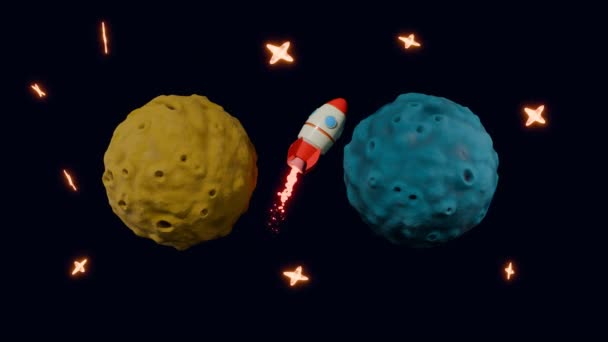 2つの惑星間の無限の飛行でロケットの3Dアニメーションをループします 黄色と青の惑星 ノンストップフライト — ストック動画