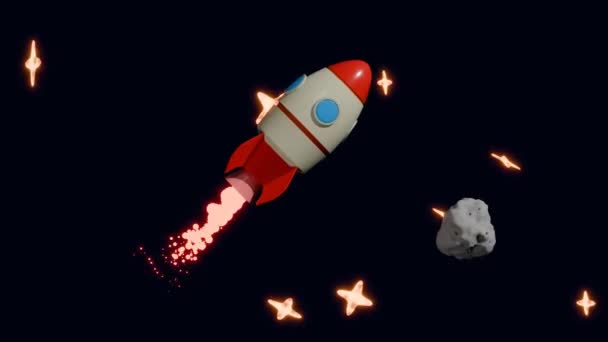 在太空中的火箭在恒星的背景下回旋3D动画 火箭绕着行星和小行星飞行 不停地飞行 宇宙的殖民化 — 图库视频影像