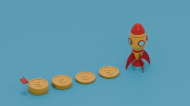 Ekonomik büyüme ve gelişimin 3 boyutlu animasyonu. Çizelgedeki kırmızı ok kardaki artışı gösteriyor. Roket başlar ve havalanır. Kârın, başarılı yatırımların ve zenginliğin sembolü..