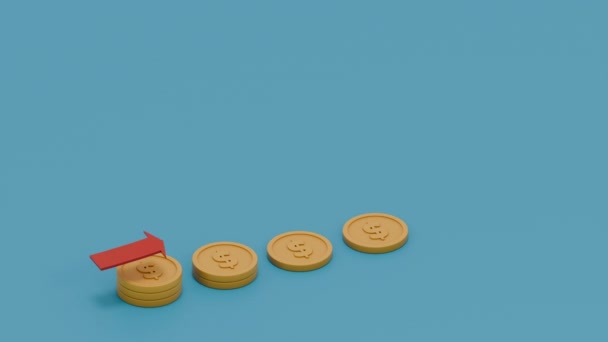 3D动画的硬币 倍增和红色图表 红色箭头延长 硬币的数量增加 经济奇迹和财政成功的概念 — 图库视频影像