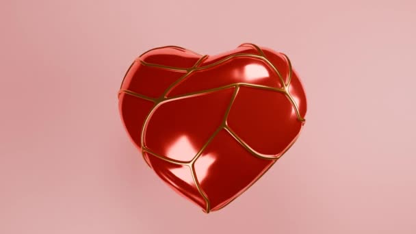 Тривимірна Анімація День Святого Валентина Серце Золотій Решітці Серце Надуває — стокове відео