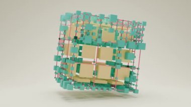 Kristal kafes içindeki bir dizi küpün üç boyutlu animasyonu. Küpler boyut değiştirir. Soyut 3d canlandırma, geometrik soyutlama.