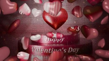 Sevgililer Günü için 3D neşeli animasyon. Animasyon 3D kartpostal. Pek çok kalp düşer ve bir Sevgililer Günü selamı ile genel bir resim oluşturur. Sevgi ve birlik fikri.