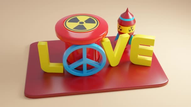 循环3D动画的核按钮和单词Love 和平主义者的标志阻止了按下核子按钮和发射带有原子弹的火箭 爱将拯救世界 — 图库视频影像