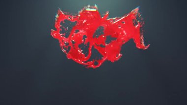 Patlayan ve birçok küçük parçacık ve damlaya bölünen kırmızı bir kalbin üç boyutlu soyut animasyonu. Kalp bir sisin içindedir. Sevgililer Günü.