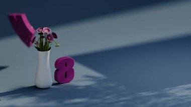 8 Mart bayramı için 3D neşeli animasyon. Uluslararası Kadınlar Günü. Vazoda bir buket çiçek ve doğru sırayla yerleştirilmiş bir metin. 8 Mart 'ta tebrikler..