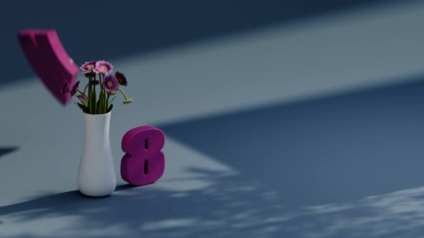 3月8日假期的节日3D动画 国际妇女节 花瓶里的一束花 以及按照正确顺序收到并装好的文字 恭喜你3月8日 — 图库视频影像
