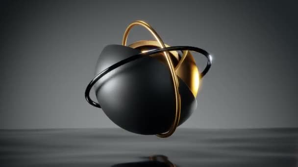 循环抽象3D动画一组半球和一个金色的核心 带有环的金色和黑色半球带着波浪在黑色表面上随意移动 — 图库视频影像