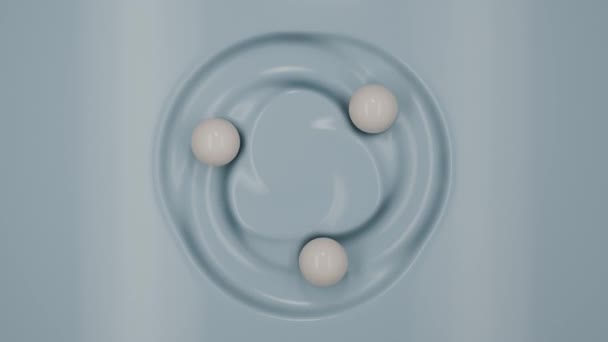 青いクリームの表面のループ3Dアニメーションで 3つの白いミルクがスパイラルで飛び 合体して分離します ドロップは表面にマークを残します ループアニメーション — ストック動画