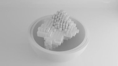 Beyaz bir yarımkürenin üç boyutlu soyut animasyonunda bir dizi küp ve beyaz renk pikselleri hareket eder. Soyut 3d döngü canlandırması, geometrik arkaplan.