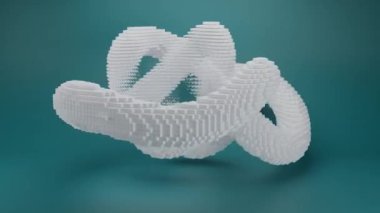 Döngü 3 boyutlu animasyon. Birçok pikselden oluşan soyut bir torus, bir düğüm. Kaybolan ve ortaya çıkan pek çok küçük bloktan oluşan geometrik bir şekil..