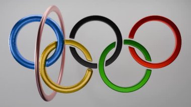 Halkayı hareket ettirdikten sonra şişen olimpik spor yüzüklerinin 3 boyutlu animasyonu. Spor müsabakaları fikri.
