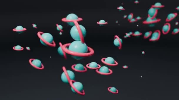 许多球体的三维动画 这些球体带着环出现和消失 在黑暗的空间里混乱地运动 Loop 3D动画 — 图库视频影像