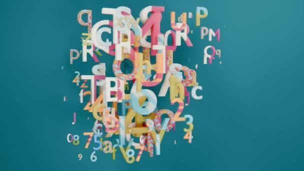 循环3D动画的一系列字母和数字的出现和消失 蓝底字母和数字的一组字母和数字 — 图库视频影像