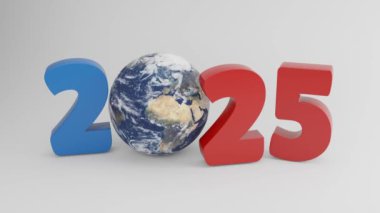 2025 yılının 3 boyutlu animasyonu, sıfır sayısı dönen bir Dünya ile yer değiştirdi. Takvim tasarımları ve seyahat acenteleri için mükemmel, modern, küresel bir tema ve şenlikli bir Yeni Yıl atmosferi..