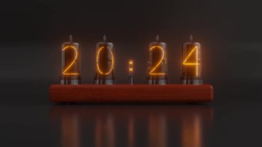 2025 yılının tarihini gösteren parıldayan Nixie tüplerinin olduğu retro-stil bir animasyon. Zamanı vurgulamak için mükemmel, klasik teknoloji, ve nostaljik ama gelecekçi bir hissi olan yeni yıl temaları..