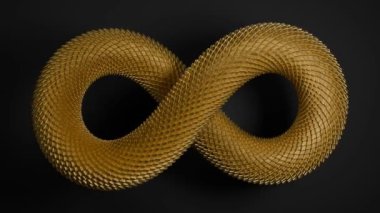 Matematiksel sonsuzluk işaretinin 3 boyutlu döngü animasyonu. Bir yılanın altın gövdesi, pullu bir ejderha, yavaşça kapalı bir yörüngede ilerliyor. 2025 yılanın yeni yılı. Çin Takvimi