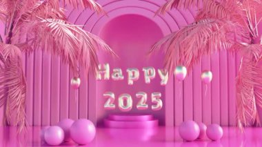 Palmiye ağaçları ve üzerinde şişme balonların uçtuğu pembe bir stüdyonun 3D animasyonu. Mutlu 2025. 2025 yılının turizm, eğlence, mutluluk ve neşe fikri.