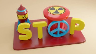 Nükleer bir kırmızı düğme ve atom roketinin 3D animasyonu. 3D DUR metni ve pasifizm işareti bir atom bombasının fırlatılmasını engelliyor. Nükleer tehdidi durdurmak için bir çağrı.