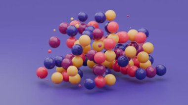 Yüzeyde beliren ve kaybolan çok renkli topların 3D animasyonu. 3d soyutlama, ilkellerin arkaplanı.