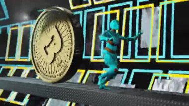 Dev bir altın Bitcoin tarafından kovalanan, taşıyıcı bantta koşan robot stickman benzeri bir robotun 3 boyutlu animasyonu. Metalik bloklar ve neon geometrik çizgiler arkaplanda titreşir.