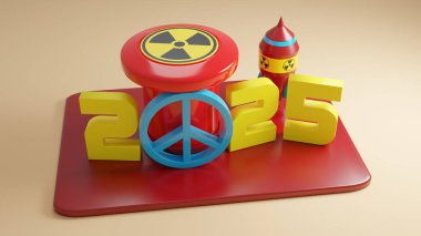 A 3D rendering of a toy red button and rocket with radiation symbols, blocked by a blue peace sign. Yellow numbers and the pacifism icon form the date 2025, symbolizing the end of war and a peaceful future clipart