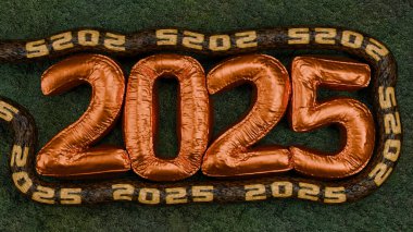 3d rendering of the date of the new year 2025 and the long body of a snake with a pattern on the scales of 2025. The idea of the year of the snake in Chinese style. The date is 2025 from inflatable balloons. clipart