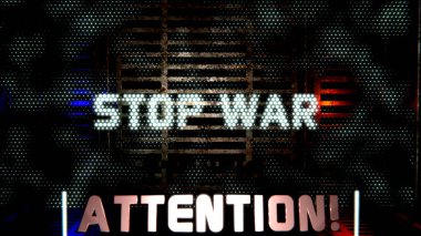Uyarının 3 boyutlu iletisi. Holografik, altıgen piksellerden yapılmış fütüristik monitörde, metin parlıyor: Savaşı durdurun! Nükleer dünya savaşı tehlikesi.